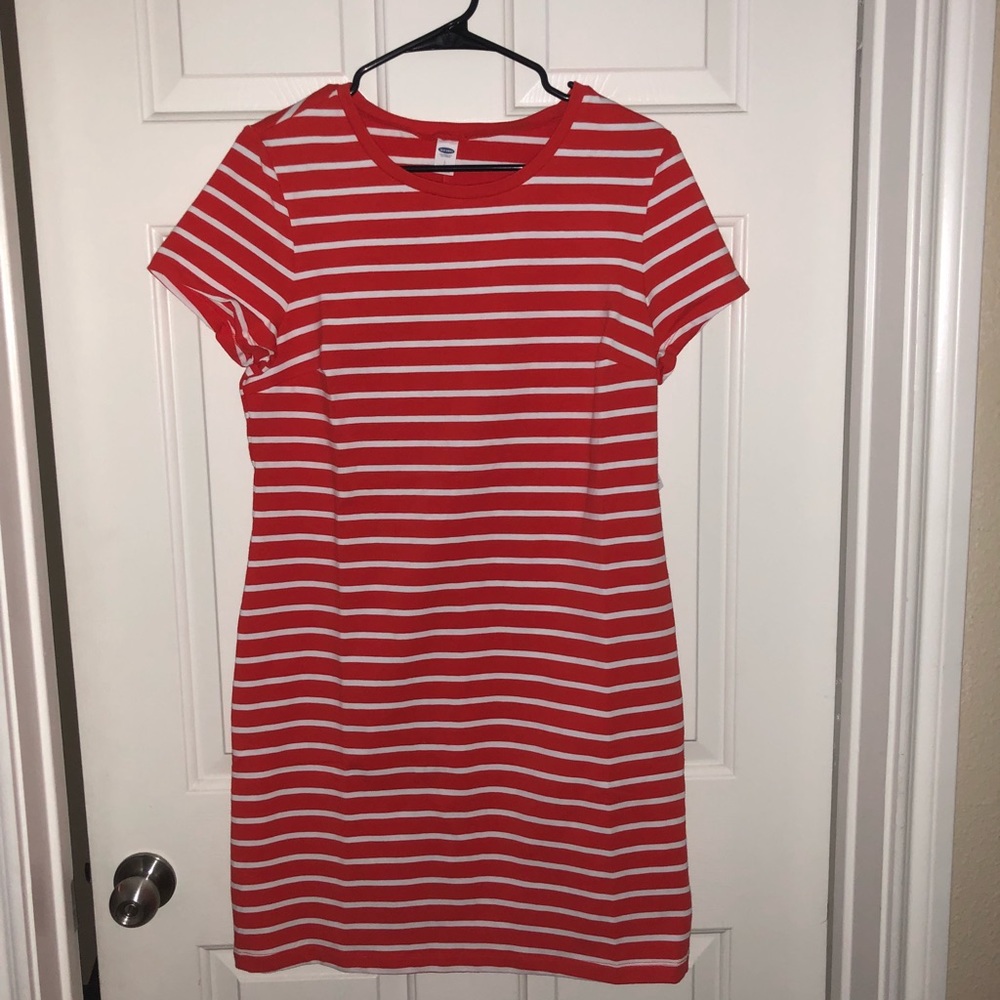 Red and a White Old Navy T Shirt Dress